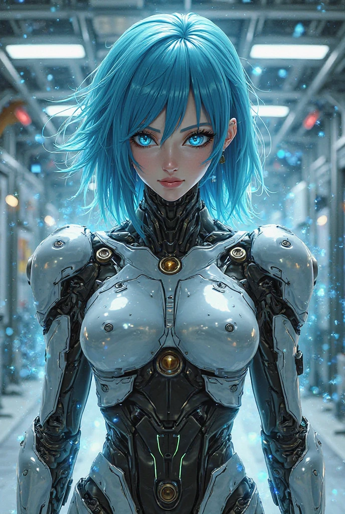 a picture of blue hair、A flower in the hair、Painting of cyborg woman holding cyber weapon de Costas,A woman has a thick cable charging plug inserted between her legs