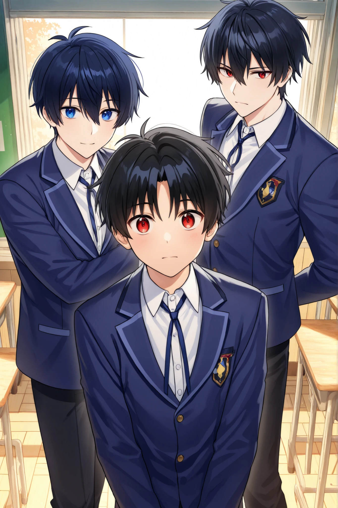 Anime boy and red eyes Black hair school boy full body