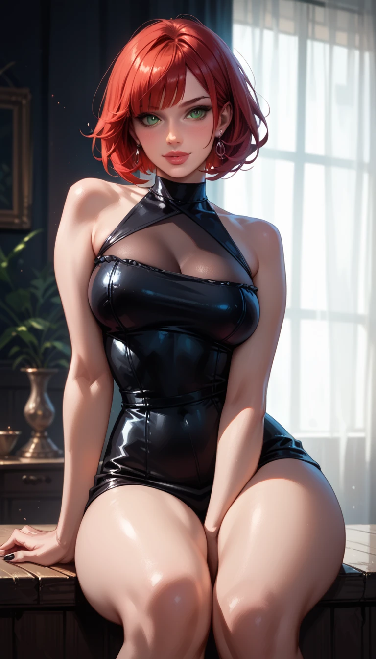 (seductive expression) (huge tits) (mujer usando un vestido burdeos) (mujer con cabello largo y oscuro) (looking directly into the camera) (posando seductoramente) (luz suave) (flirtatious expression) (manicura roja) (detalles delicados) (Photographic Style) (piel bronceada) (bright and modern room) (toque de brillo en el rostro) (correa rosa en el cuello) (conjura sexy)