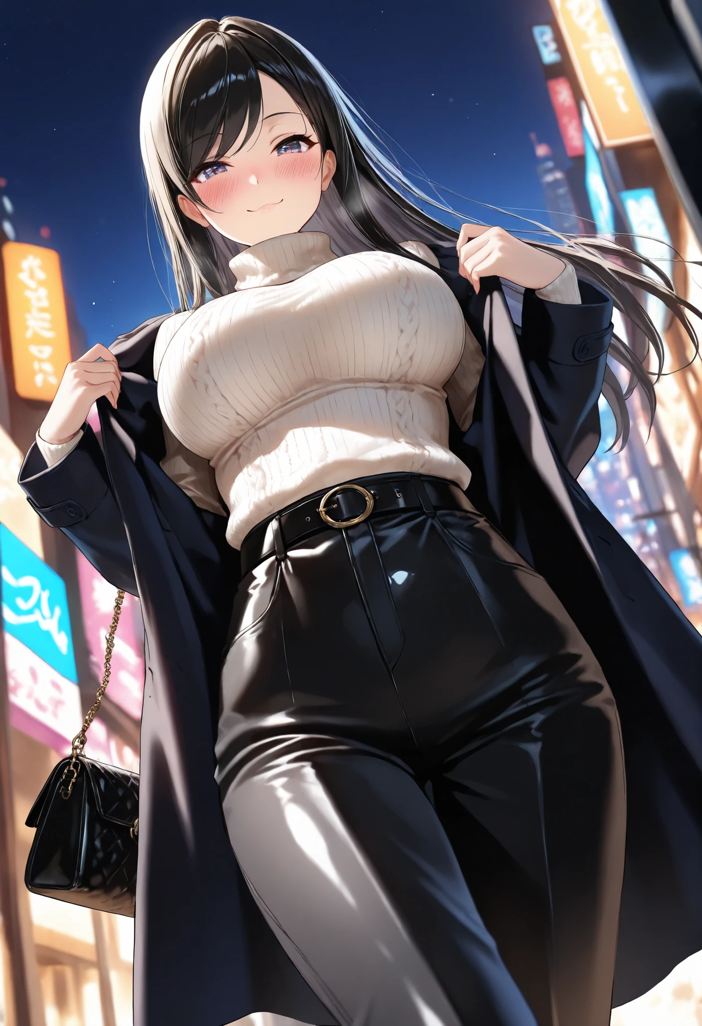 ((masterpiece)),(best quality),official art,extremely detailed CG,unity 8k wallpaper,ultra detailed,beautiful detailed eyes,extremely detailed face,1girl,solo,cowboy shot,looking at viewer,facing viewer,smile,standing,Hikami Ayame(unoneno),very long hair,black hair,straight hair,hair between eyes,bangs,red eyes,black shirt,long sleeves,large breasts,white belt,short shorts,black shorts,black pantyhose,pantyhose under shorts,loafers,<lora:Hikami Ayame(unoneno)>,