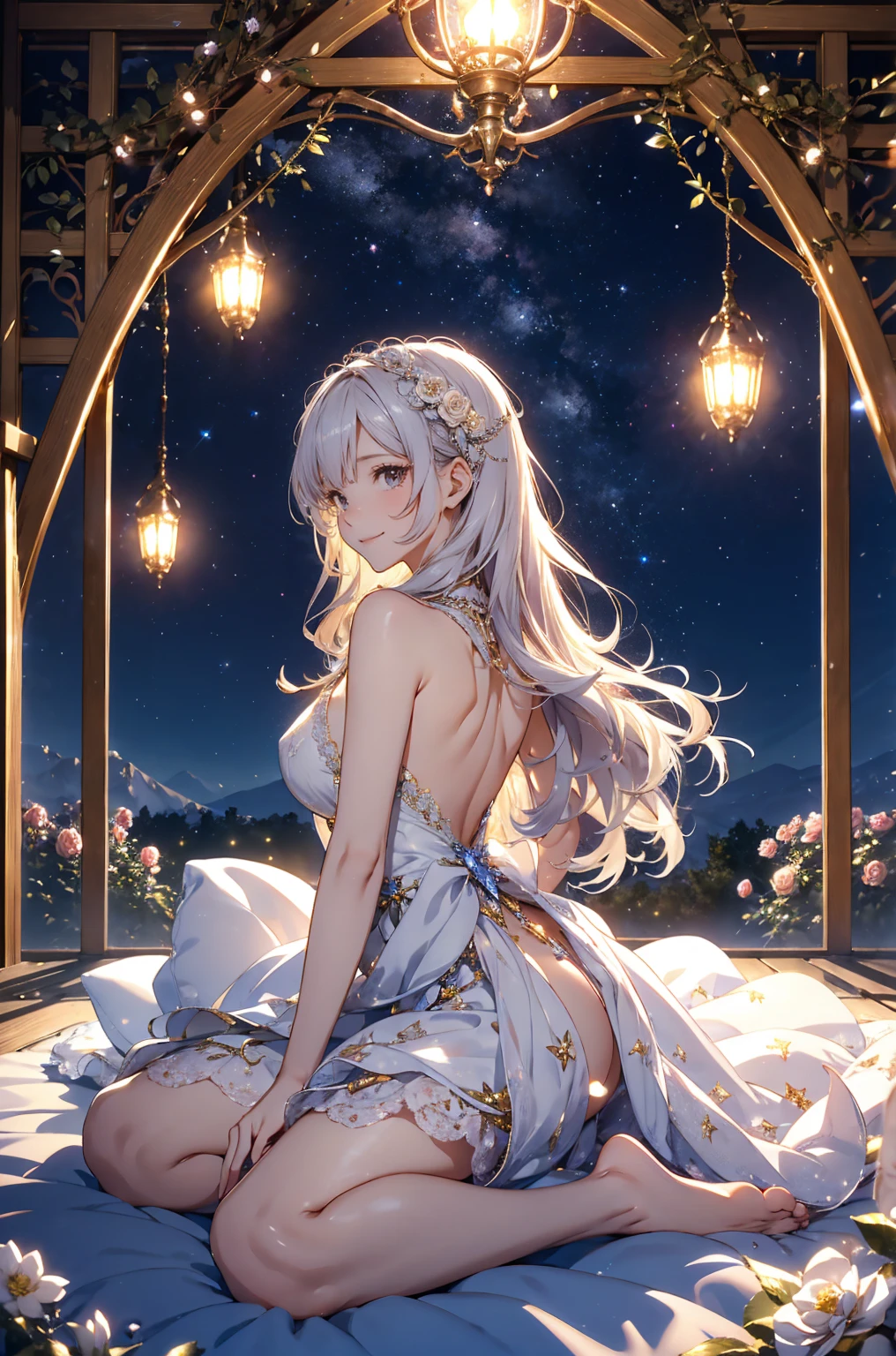 masterpiece, highest quality, Illustrations for novels, High resolution, 18+ Adult content, Sensual, Intimate, Emotional, Passionate, romantic, sweet, Adorable, Innocent, Pure, Fascinating, Fascinating, attractive, Mysterious, Fascinating, Fascinating, Immersive, Fascinating, dream-like, Surreal, Imaginative, Whimsical, artistic, Avant-garde, timeless, elegant, Sophisticated, chic, Sophisticated, ((Cowboy Shot)),(((A woman camping under a starry sky)).