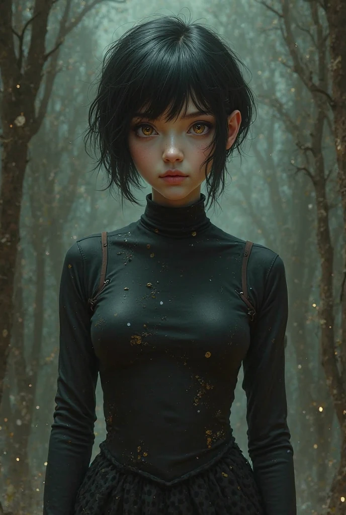 a 2, female, short brown hair, wearing a bodysuit, pretty face, pretty lips, in a thick forest, thorned trees, epic pictures, highest quality, fantasy, vibrant colors, night vision, futuristic, big thorns