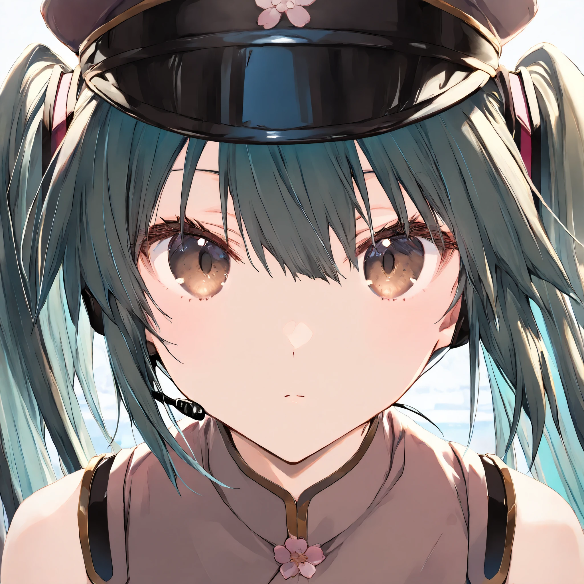 Solo,1girl,Senbonzakura Hatsune miku, dark green hair,Brown eyes, Japanese military officer uniform (artist:mitsumi_misato),artist:fujiyama,artist:kokonoka, break,(masterpiece), (best quality), (ultra-detailed),(Detailed Lighting), very aesthetic, newest, beauty illustration,super detailed skin, (masterpiece), (best quality), (ultra-detailed), very aesthetic lighting,newest ,hi res,absurd_res,shiny skin,2023, shaded,digital media (artwork), realistic lighting, 16k, 8k,highres, source_anime, official_art, photoshop_(medium)Narrow eyes,Bangs, ,Masterpiece, High Resolution, Accurate, Best Quality,