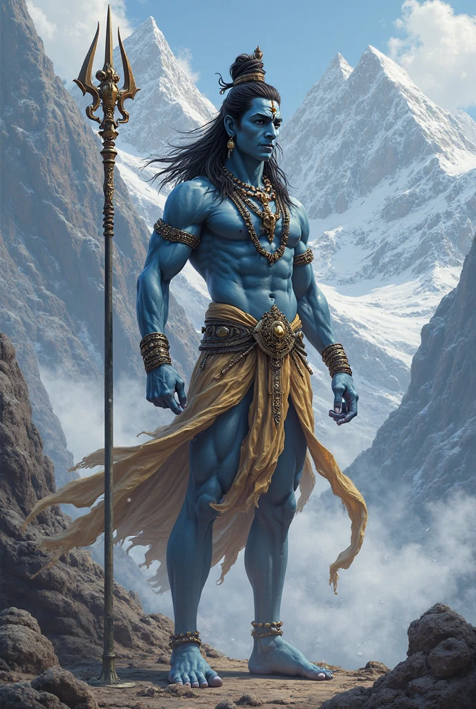 Create a detailed portrait of Lord Shiva, adorned with a crescent moon in his hair, a snake around his neck, and holding a trident, set against a serene Himalayan backdrop."