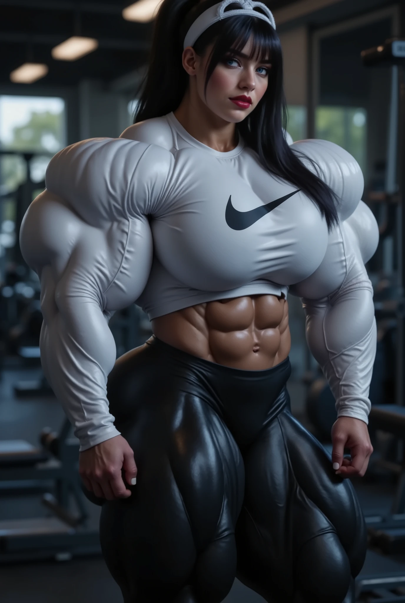 a photorealistic full body shot of beautiful woman with black hair, alabaster skin and blue eyes wearing a white long-sleeved shirt with a black under nike logo and shiny neon metallic black latex leggings. the woman has huge muscles that stretch her clothes to their limits. her hair is tied in a pony tail. She wears a white colored headband and white fuzzy cotton leg warmers bunched around her ankles. She wears white tennis shoes and she is in a gym.