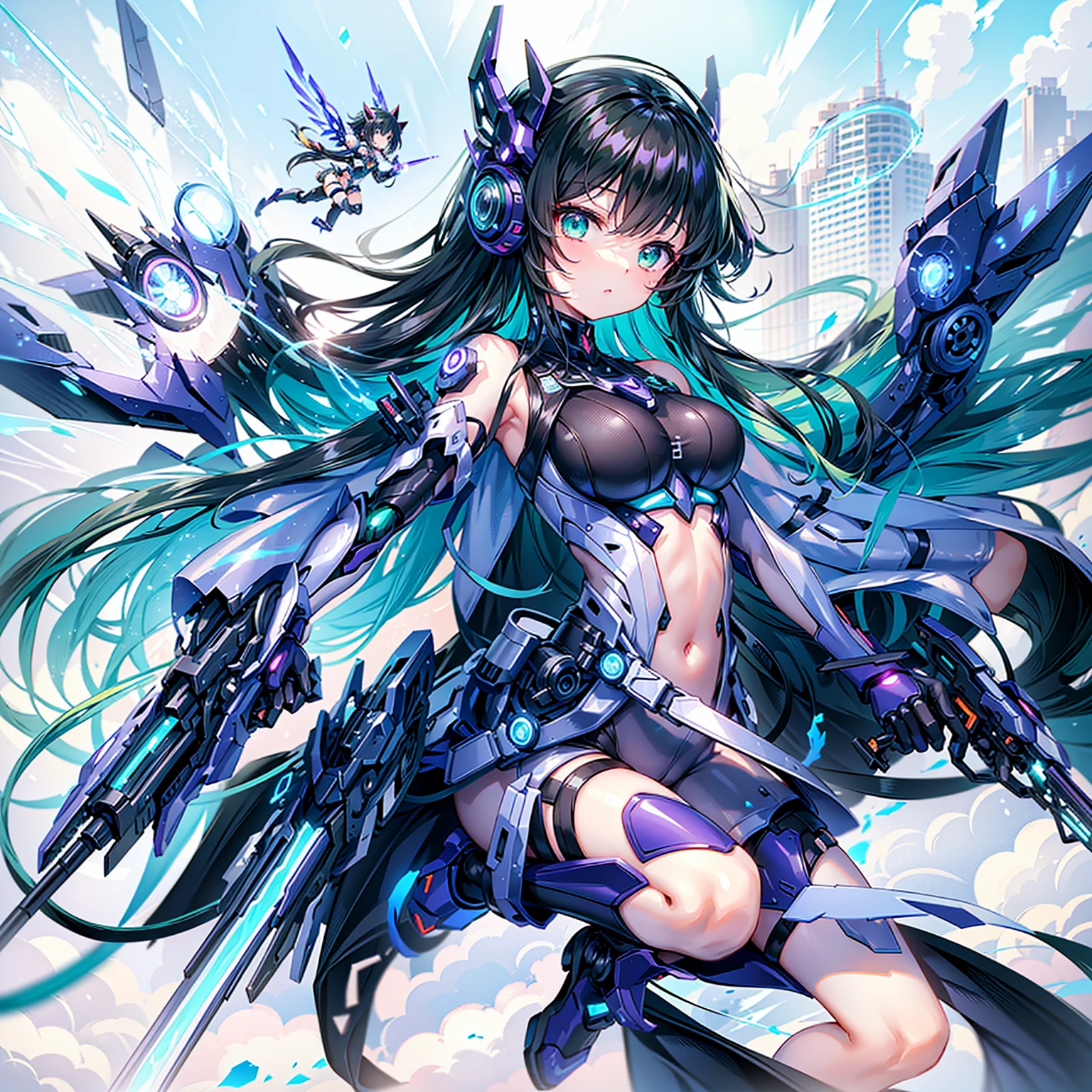 Water mech and summer theme, blue and summer colors, girl with a mix of mechanical parts and human features, smiling, outfit with mechanical elements and a flight over the sea design, hair and eye color to match the theme, flying pose, sea and sky background.