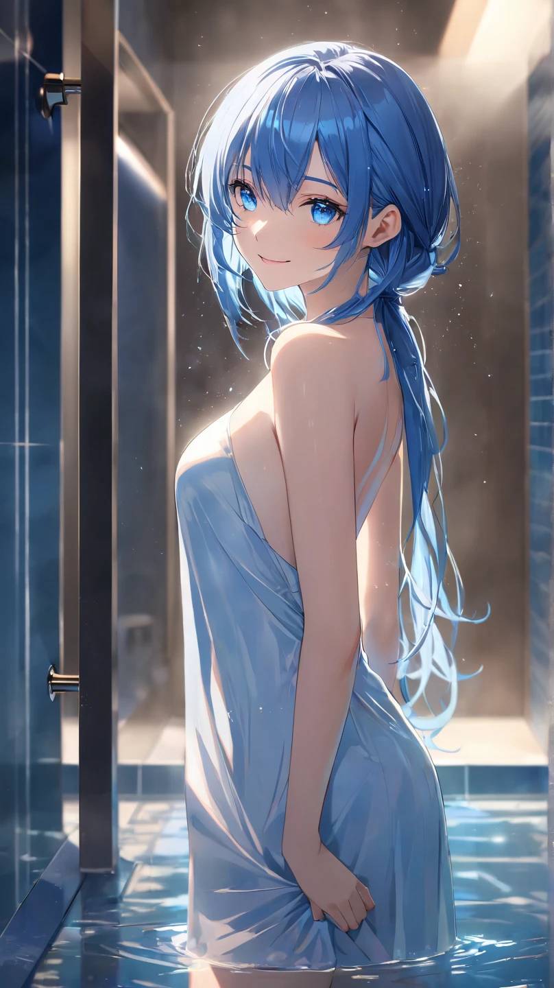 (pov naked style) (beautiful body), (solo:2, 15 yo, forehead blue hair long hair lovely girl, cute blue eyes, happy smile), (top is naked Hand bra, hands put on tits, bottom is bikini swimsuit), break, in the Changing Room, background Double Exposure beautiful light, BREAK, perfect anatomy, masterpiece, best quality, 16k, beautiful detailed love, sexy, daydreaming expression.