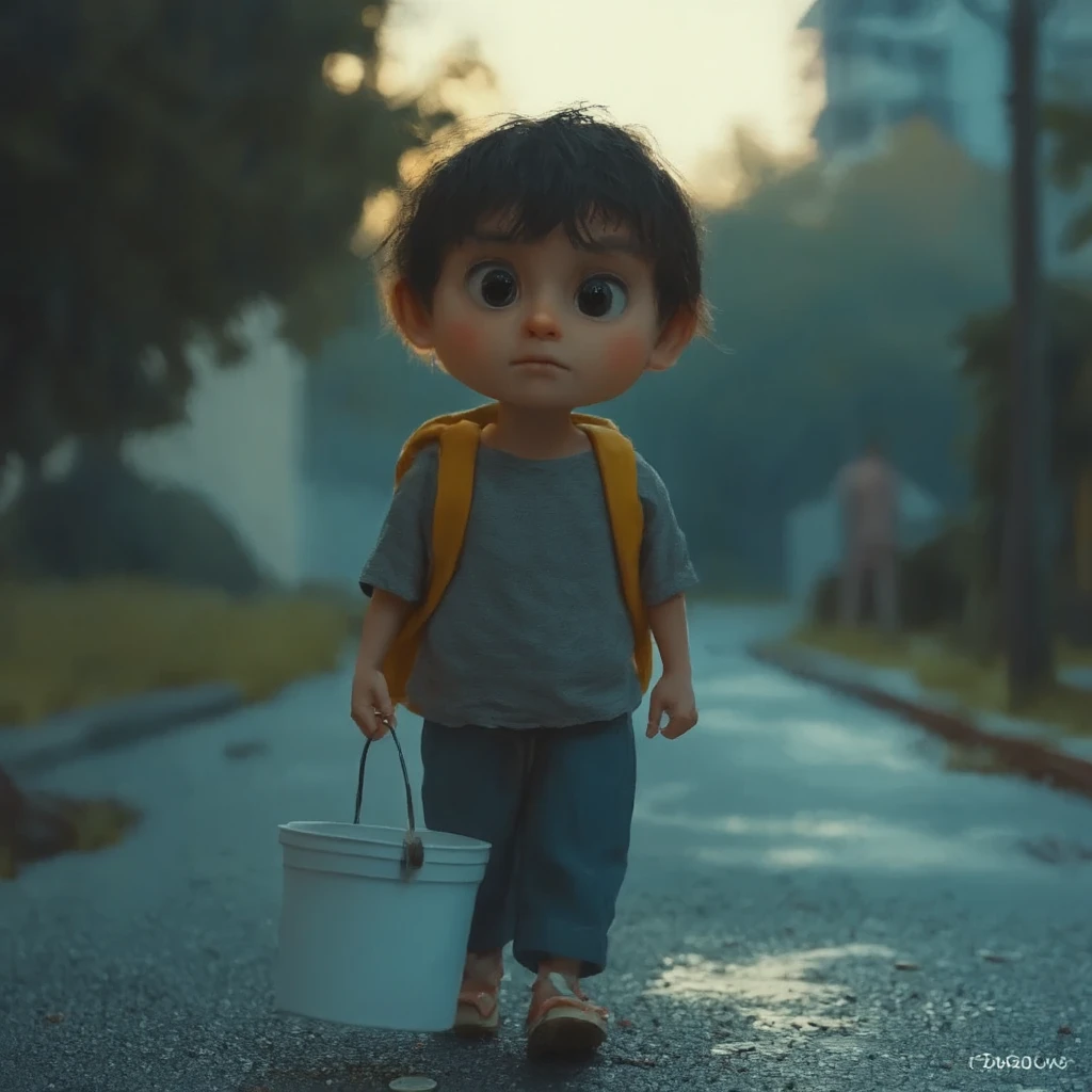 Child working selling candy at the traffic light with a sad look and old clothes watching other children playing from afar