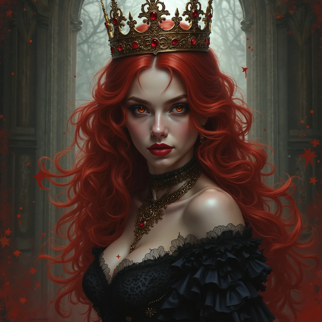 Woman with red hair and crown on head, Dark fantasy art, in style of Dark Fantasy Art, gothic fantasy art, Dark Fantasy Art, Beautiful Vampire Queen, Art Style: Tom Bagshaw, Charlie Bowter: Rich and deep colors, Dark fantasy meets realism, Fantasy Dark Art, Abaddon and Magali Villeneuve, Epic fantasy art style