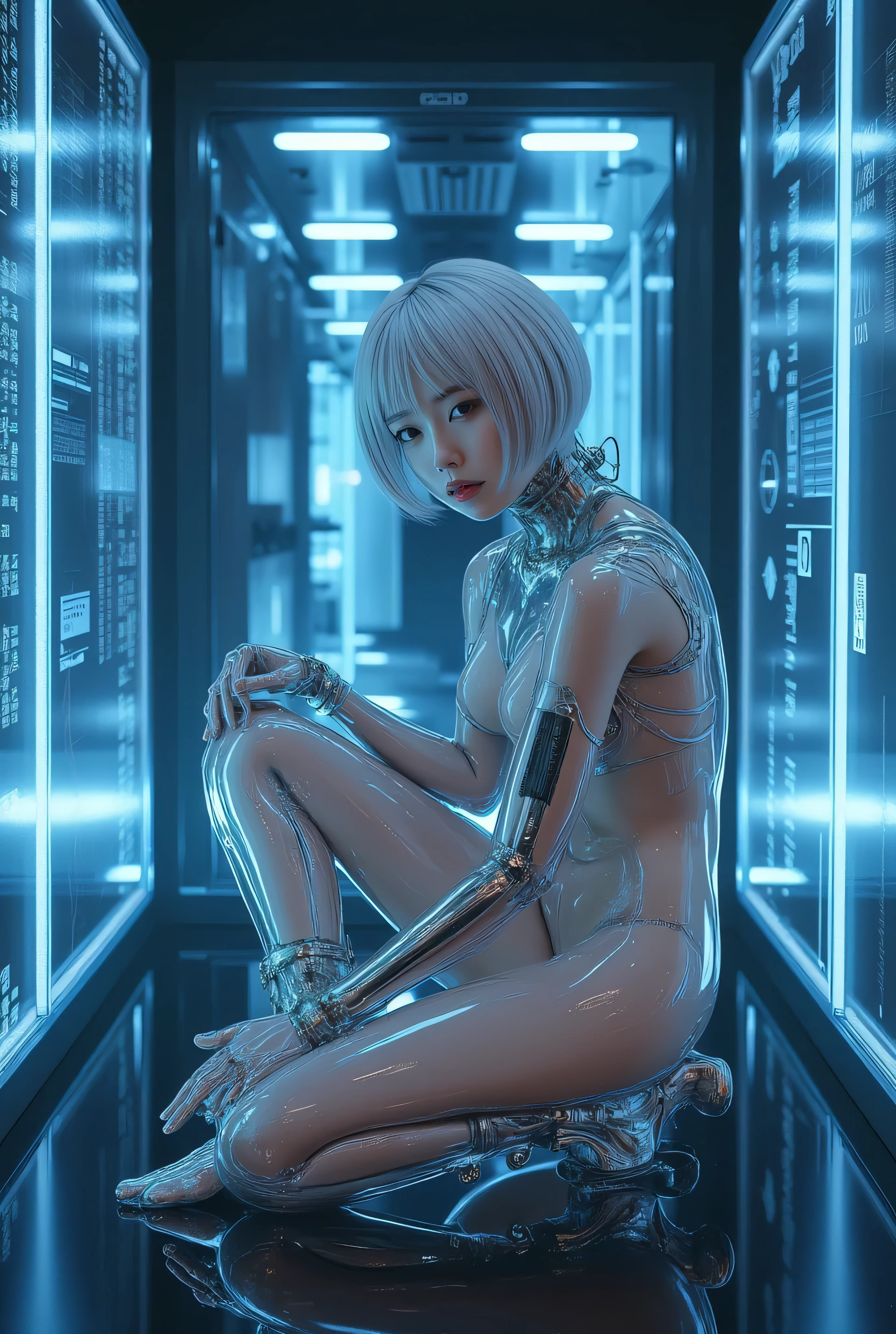  HYPER REALISTIC PHOTO ,  high quality ,  Mirror Finish  ,,8k,  wallpaper,   ray tracing,woman, , Japanese high school student model ,  short platinum silver hair ,  beautiful eyes,  young beautiful woman, completely naked, A lot of large character data is projected onto her body with a transparent, shiny glass coating applied all over her body, A barcode is drawn on her inner thigh  ,  gravure model crouching pose with mechanical arm ,Metal machine bra , woman whose body is partly based on a foundation,The background is a wall of data,Inside the big computer  , 16-year-o SaAsukaGravure model crouching and leg opening pose ,  front angle,