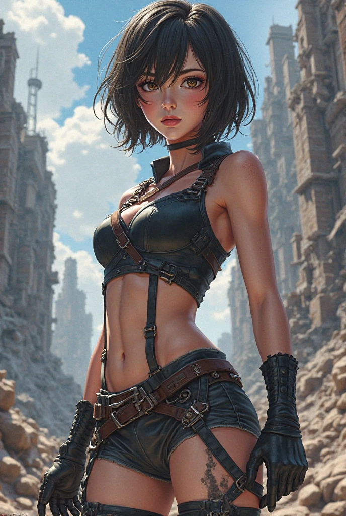1girl,girl,adorable_girl,bishoujo,knight,teen,white_skin,fair_skin,white_marble_glowing_skin,skinny,slender,glamor,slender face,black hair,messy hair,fundoshi,eyeshadow,anime_style_blush,blush,beautiful_detailed_eyes,blood from eyes,bare shoulders,collarbonea,medium breasts,unbuttoned clothes,narrow_waist,chains,bikini_armor,see-through,leotard_aside,shorts_under_skirt,tear,sad,ankle_strap,thigh_holster,highres,huge filesize,incredibly absurdres,full_shot,rubble_ruins,remains,sword,