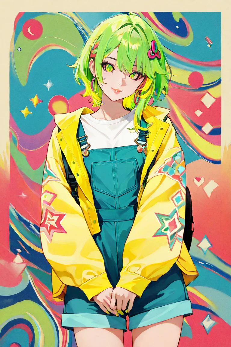 A highly stylized anime-style illustration of a young girl with vibrant limegreen and green hair, accentuated by bright yellow streaks. limegreen nail, Her lips are a limegreen. Her hair is adorned with colorful accessories, including flowers, hearts, and pins. She has striking limegreen eyes with intricate details, giving her an intense yet playful expression. She is sipping a drink from a limegreen cup and a straw. Her outfit is a fusion of futuristic and pop-art aesthetics, incorporating geometric patterns, bold shapes, and a mix of black, red, blue, and yellow colors. She wears a stylish limegreen jacket with colorful patches and a backpack with dynamic designs. The background is a chaotic yet harmonious mix of abstract shapes, stars, and graphic elements in a pop-art style, reinforcing the energetic and vibrant theme. The overall composition is reminiscent of a modern pop-culture and cyber-inspired aesthetic, with a blend of Japanese and Western design influences. The image has a crisp, clean, and highly detailed finish, emphasizing a fusion of anime, street fashion, and graphic design.