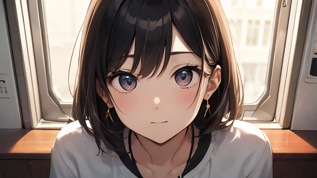 Anime girl with blue eyes looking out of window - SeaArt AI