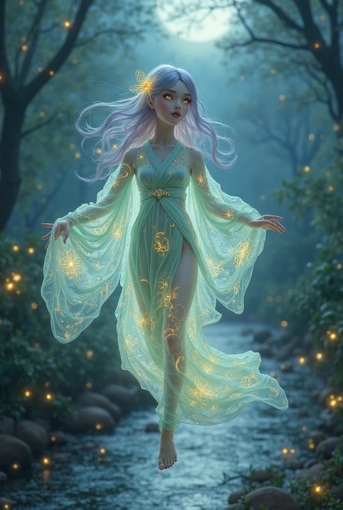 In the luminescence of the celestial tapestry, a radiant girl of extraordinary beauty emerges amidst the harmonious dance between nature and enchantment. A delicate mini dress adorned with a zipper drapes her slender frame, her rich brown tresses cascading softly over her shoulders, captivated by the ethereal glow of the dual moons above - one resplendent in scarlet, the other shimmering sapphire. The mystical forest that envelops her is illuminated by the twinkling lights of countless fireflies, creating an atmosphere of ethereal magic. Her gaze, fixed upon the camera's lens, radiates a