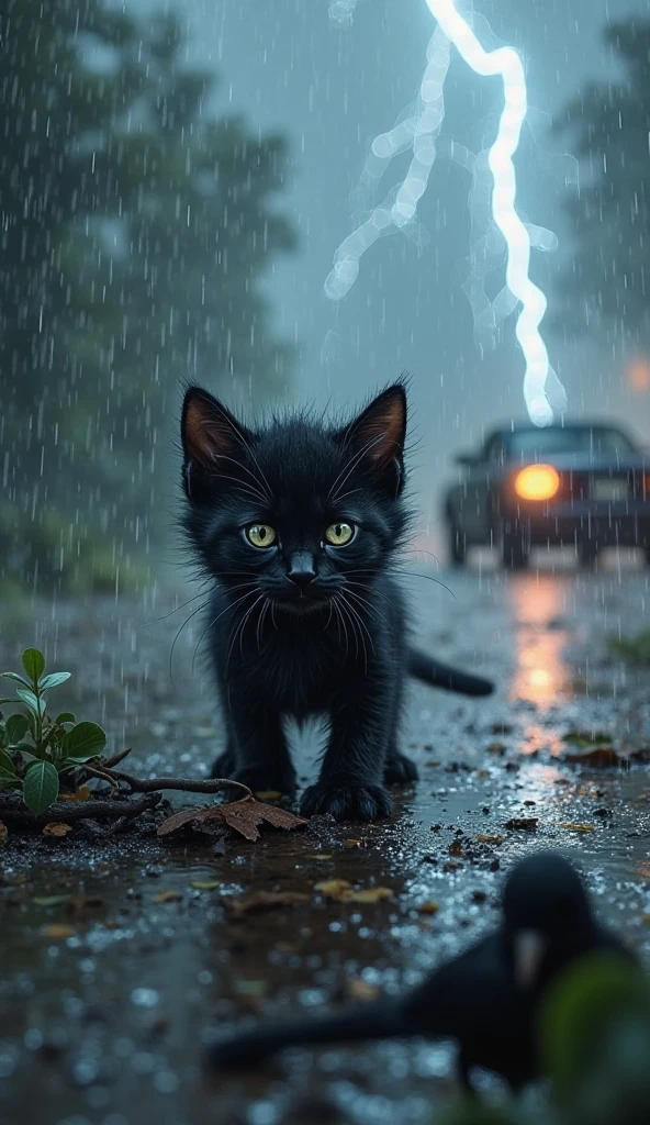 Picture of a black kitten, In the midst of a very heavy rain and a lot ...