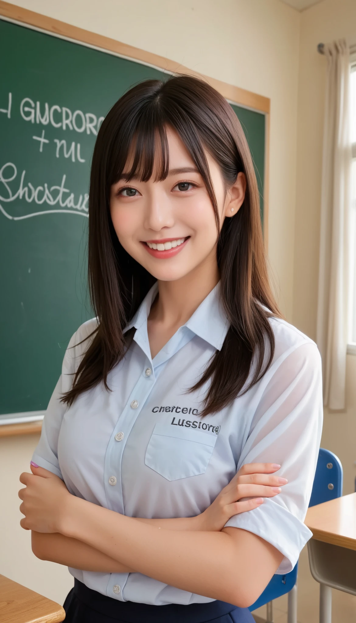 score_9, score_8_up, score_7_up, source_Genuine, rating_safe, High Resolution Image, Masterpiece, Top Quality, Amazing Quality, Extremely Detailed, Exquisite Detail, Sharp Detail, Sharp Focus, Professional Writing, Female Teacher, Dark Hair, Pale Skin, Black Hair, Clean Bob, Bangs, Detailed Face, Detailed Eyes, Polished Nose, Smiling, Looking at the Viewer, Perfect Hands, Perfect Anatomy, (Classroom, Whiteboard, Lesson)