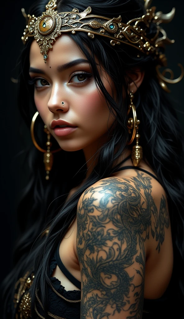 Looks like Anushka Shetty, her neck tattoo is alive, it rises from 2D skin surface to 3D life, flowing from her skin into her dark shadow world, it rises from the haunted woman, the beautiful intricacy of the tattooed line lives and breathes, it becomes something else, the line transforms her and us, the viewer