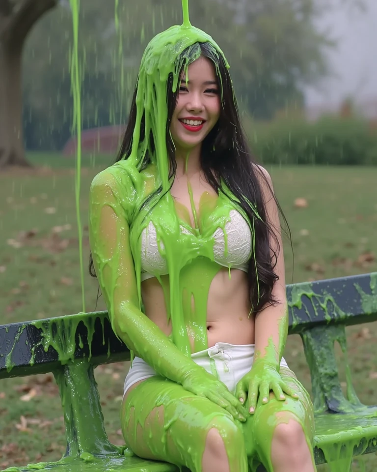 ((Best quality, 8k, Masterpiece: 1.3)), Sharp focus: 1.2, A beautiful woman with perfect body: 1.4, Slim abdomen: 1.2, ((Layered haircut, Large breasts: 1.2)), (no bra) (Small and beautiful hard nipple) ((Green slime falling from above)) high quality, best quality, masterpiece, 1girl, smile, long hair, stage, Tv game show, attractive brunette, slimed woman, ((green slime falling on her hair and face)), woman sitting on a chair, laughing crowd, shallow depth of field, large audience, Slimed, woman, shocked, photorealistic, full length, bright studio, crowd behind.