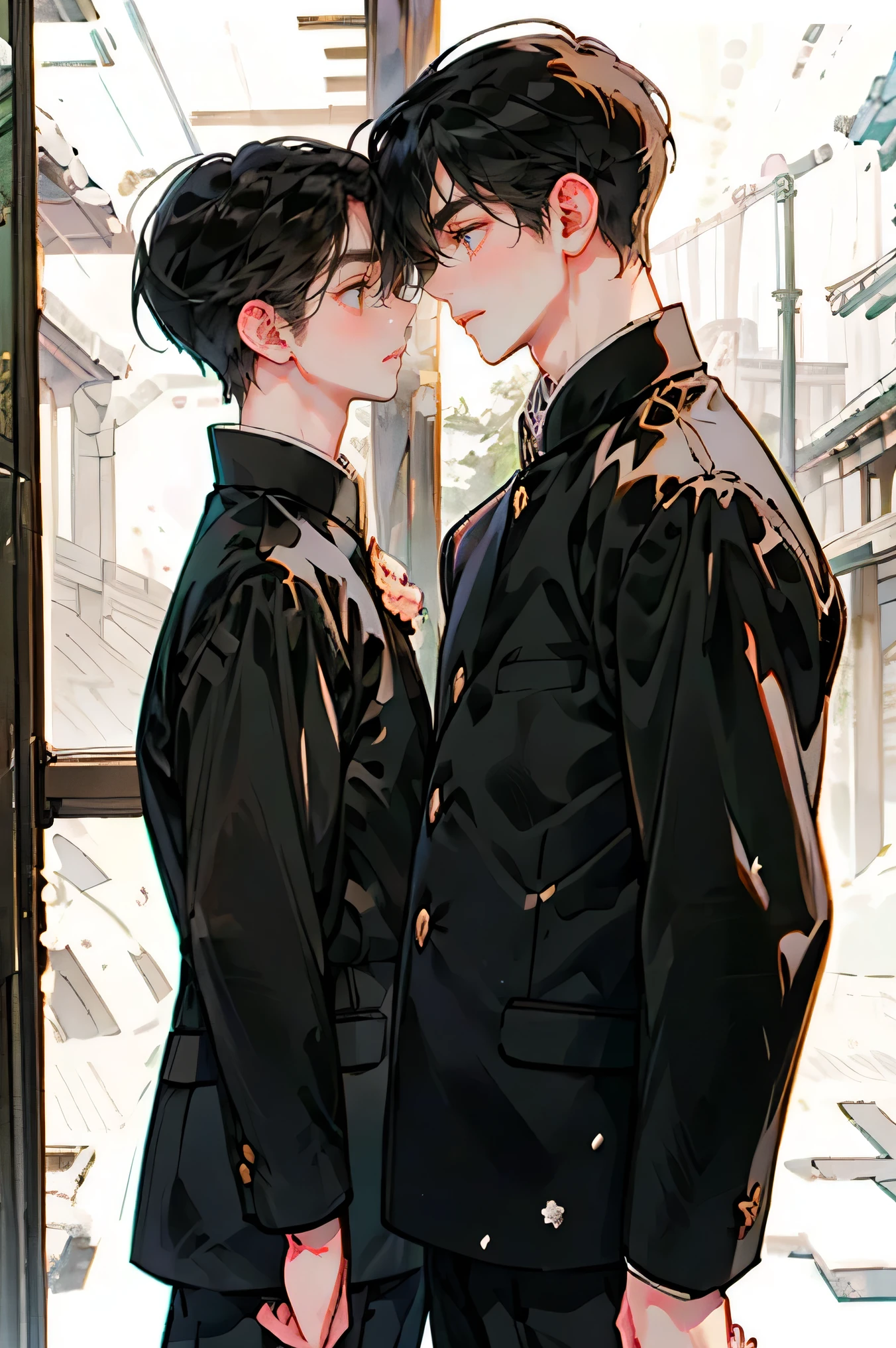  Two Japanese Men　handsome　 short dark hair  　　short cropped 　　smile　　　has 5 gold buttons　Two people wearing black school runs　 black pants 　　In a bright classroom 　 Snow Outside the Window　　Two boys stand shoulder to shoulder 　　boys love cartoon　　  two people staring at each other　Kiss on the cheek
