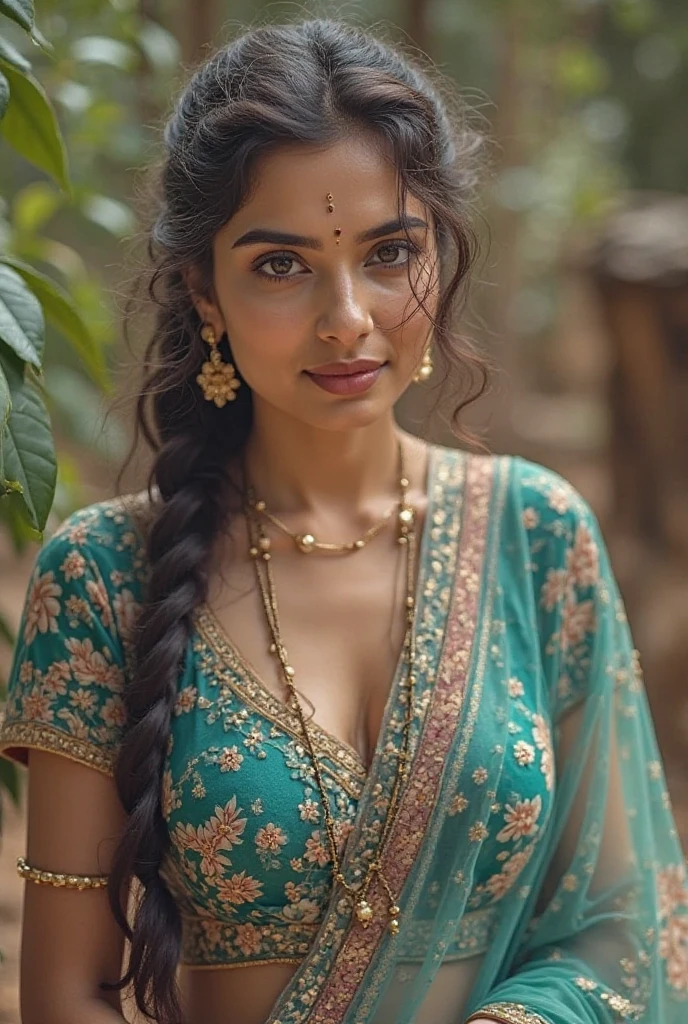 Close up photo of sexy vedhika , back view, curvy, hourglass figure,  swooping breasts,  deep cleavage,  green blouse, saree,navel, belly button, sitting in a bed and doing push ups, look at viewer and subtle smile, French braid hair, necklace,  ear rings,  nose ring,  jhumka, wearing jasmine flowers in hair,on sindoor in hair