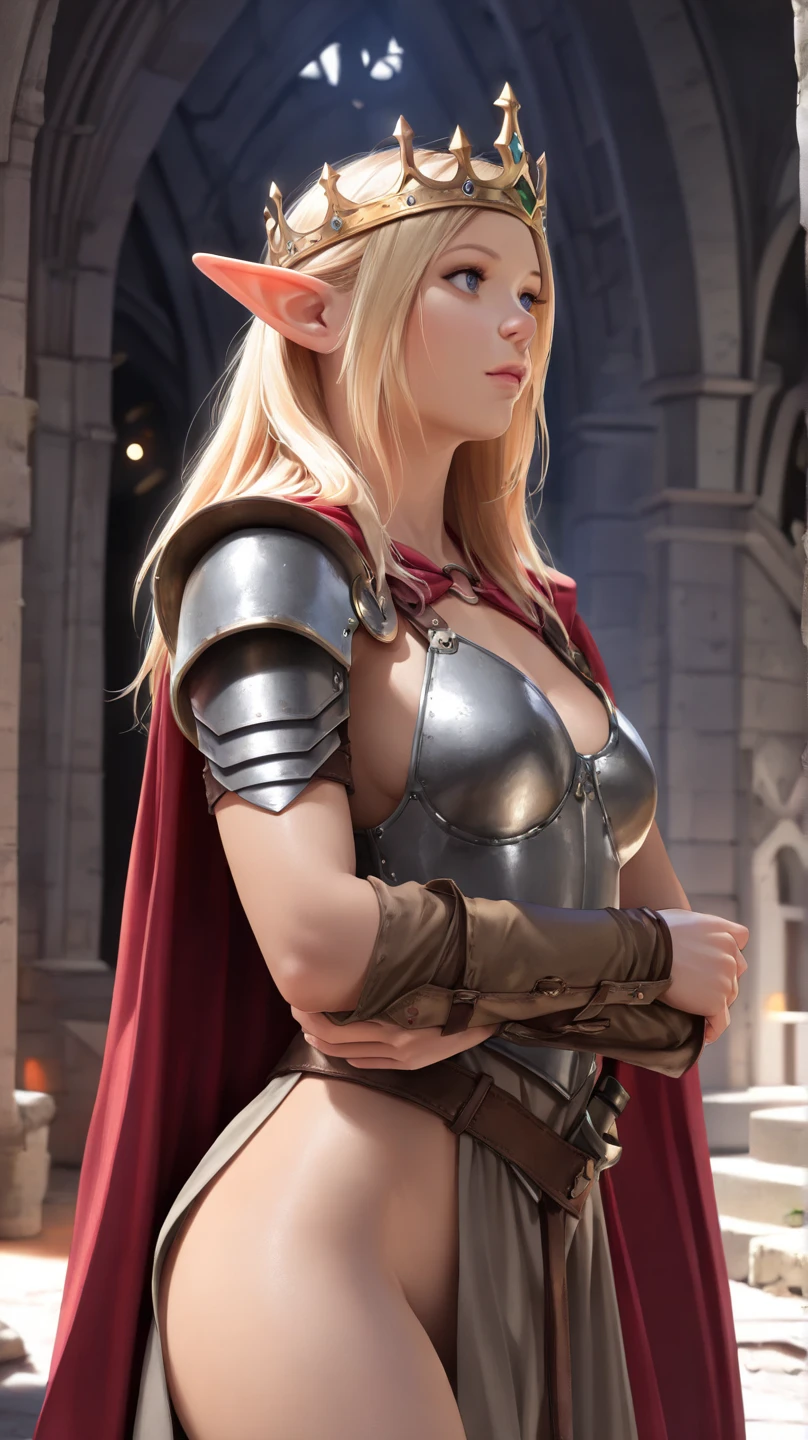 best quality, masterpiece, highres, detailed, perfect anatomy,  AishaU, armor, castle, breastplate, skirt , dark skin, elf, ponytail, ribbon,