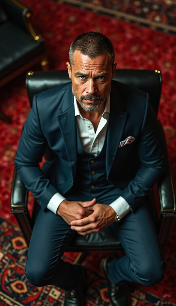Hyperrealistic, cinematic ultra-detailed top-down shot of a dominant and imposing man with a muscular build, closely resembling Brad Pitt in his early 30s—sharp buzz cut, well-groomed beard, chiseled jawline, high cheekbones, and intense blue-green eyes. He is seated in an ultra-luxurious executive office, bathed in deep red and black tones, with black leather furniture, polished marble surfaces, and golden accents. The top-down perspective emphasizes his dominance and control over his environment. His posture is relaxed yet commanding—one hand resting on his knee, the other gripping the leather armrest. The dramatic lighting casts strong contrasts, enhancing the neo-noir psychological thriller aesthetic.