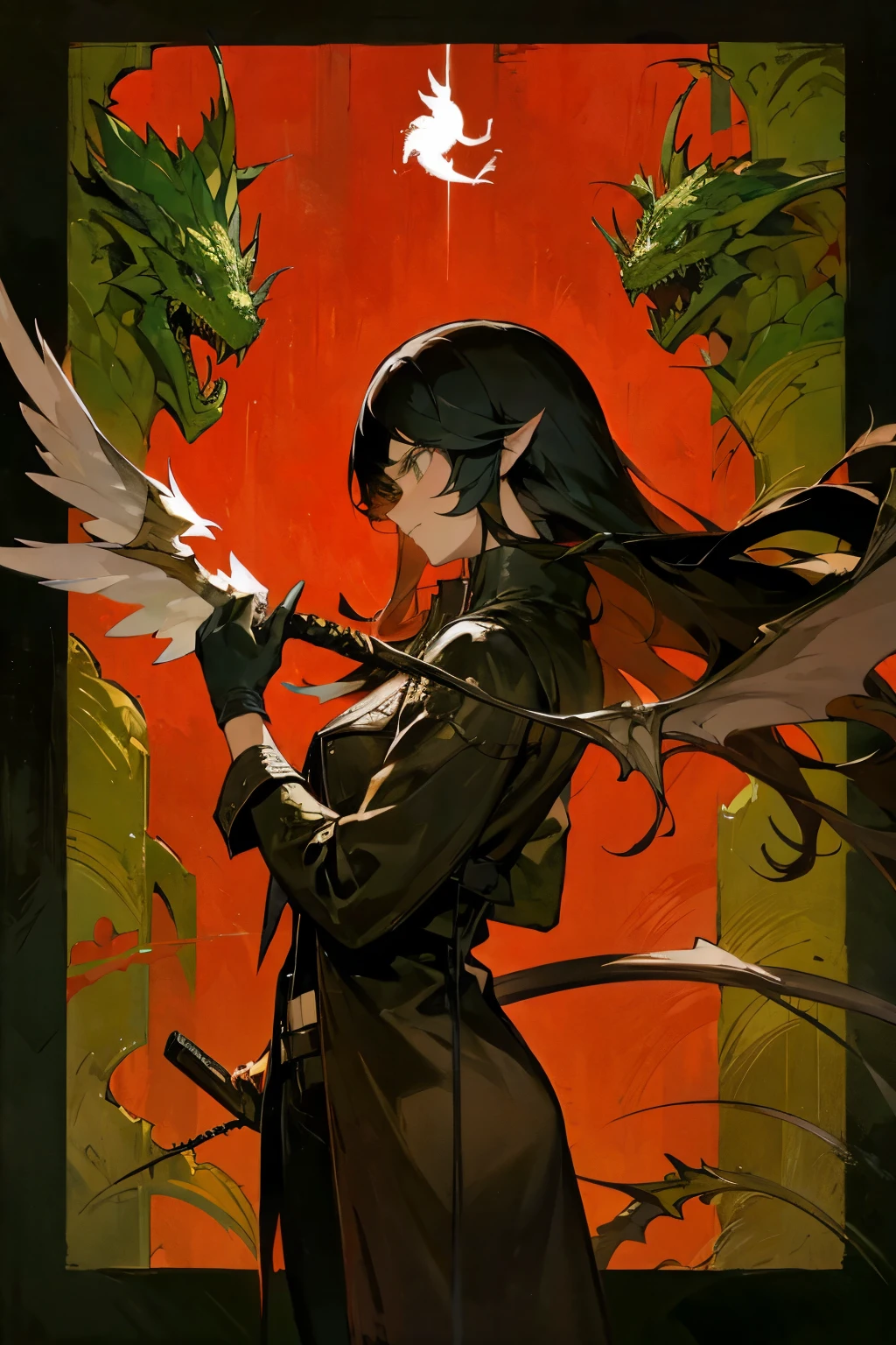 Emo Chen , rose bush , dragon ,heart,Feather,wing,[branch, A long-haired girl with a sword in her hand is half-naked and wearing a leather jacket , Man's Face Behind