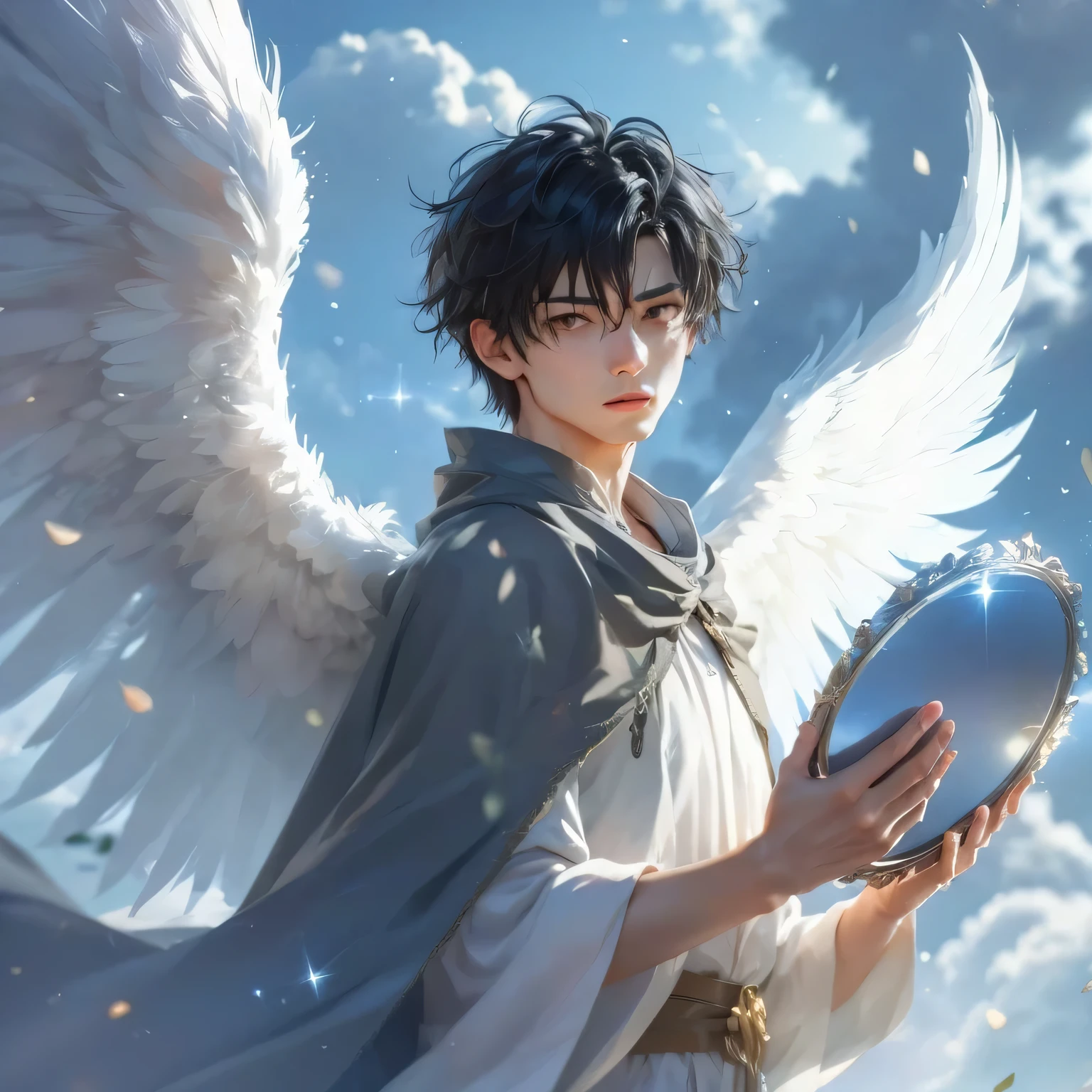 Her eyes are sharp, dark, and she doesn't have a beard、A young male angel looking straight at us in the world of light with black hair, a gray cloak, and a silver hand mirror with both hands pointing at us