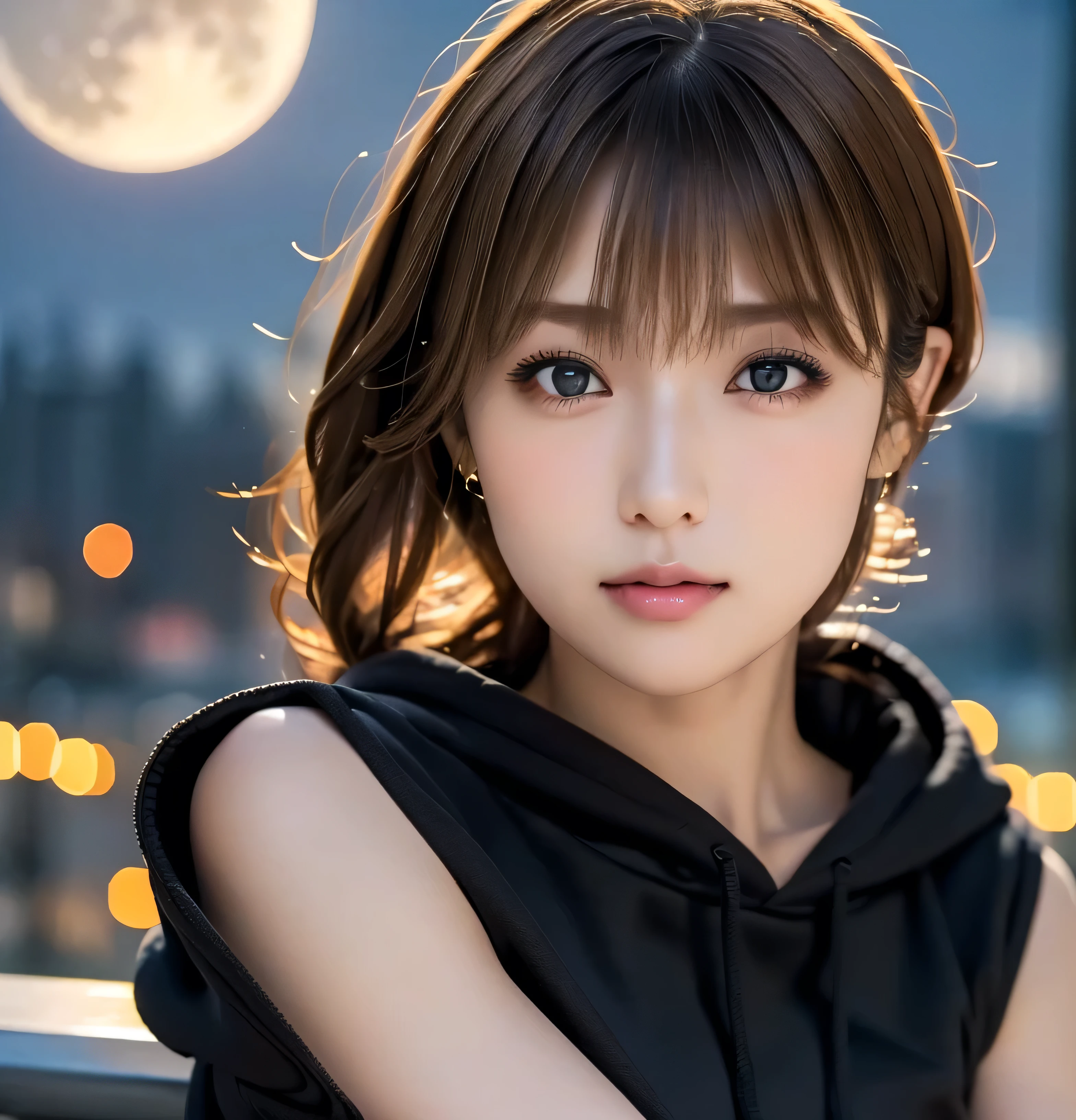(table top:1.4, Photorealistic:1.4, 8k), Highest quality,  masterpiece, Ultra High Definition, perfect dynamic composition, ((light brown hair:1.4、short hair right side ponytail))、high-definition skin and facial textures:1.3, limb details below,  ((  totally captivates you  :0.9)), (Chest, big breasts), (beautiful eyes,  brown eyes , look towards the photo:0.85), sexy face:0.4, (closed her mouth、((beautiful piece of eroticism {x} beautiful small sexy
lips)),eyes that make you feel beautiful eroticism:0.85), (( Too Cute Beauty :0.9)),((1:4)),((look above the waist)),((beautiful background with full moon and starry sky)),((hoodie black))1 girl, solo, 