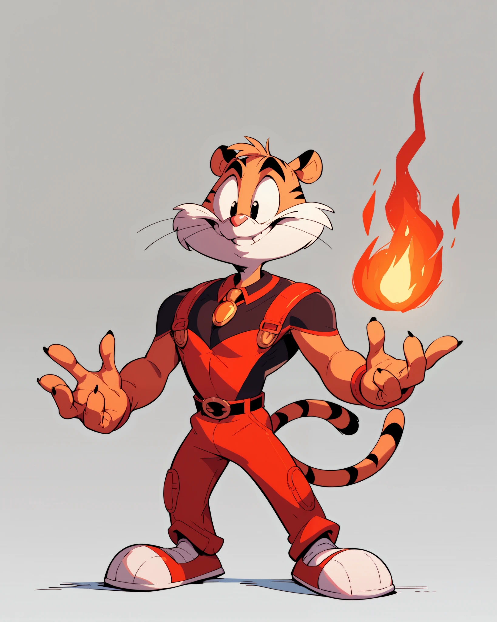Igneous the male white tiger, red fire themed supersuit, full body view, tiny toons style, by diives, 
