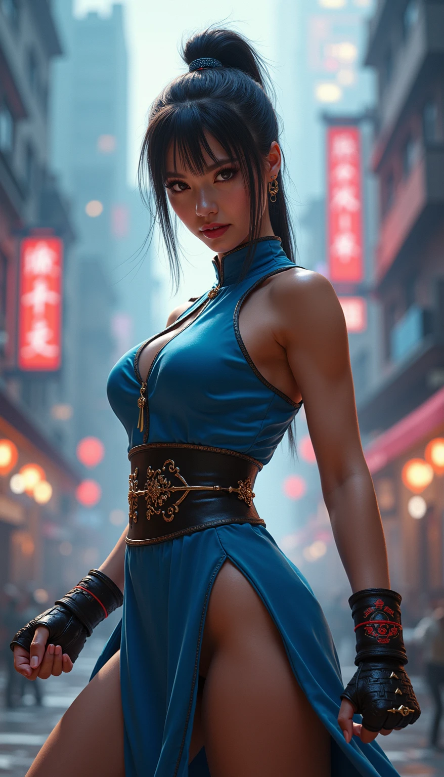 Bayonetta game character dressed in the outfit of the character Chun-Li from Street Fighter