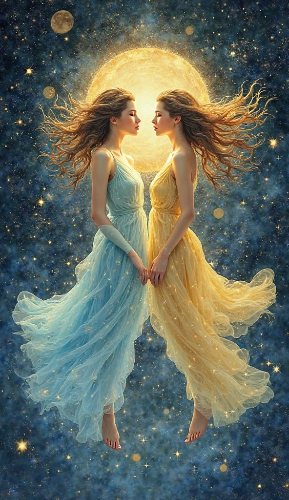 "An artistic illustration depicting the sign of Gemini. The image shows two ethereal twin figures, reflecting duality and dynamic energy. They are surrounded by a cosmic glow, with stars and nebulas in the background. Their hair flutters in the air, symbolizing the Air element . The predominant colors are yellow and blue, representing intelligence and communication. The details include astrological symbols of Gemini discreetly integrated into the setting.  The scene conveys levity , curiosity and connection between the two figures."