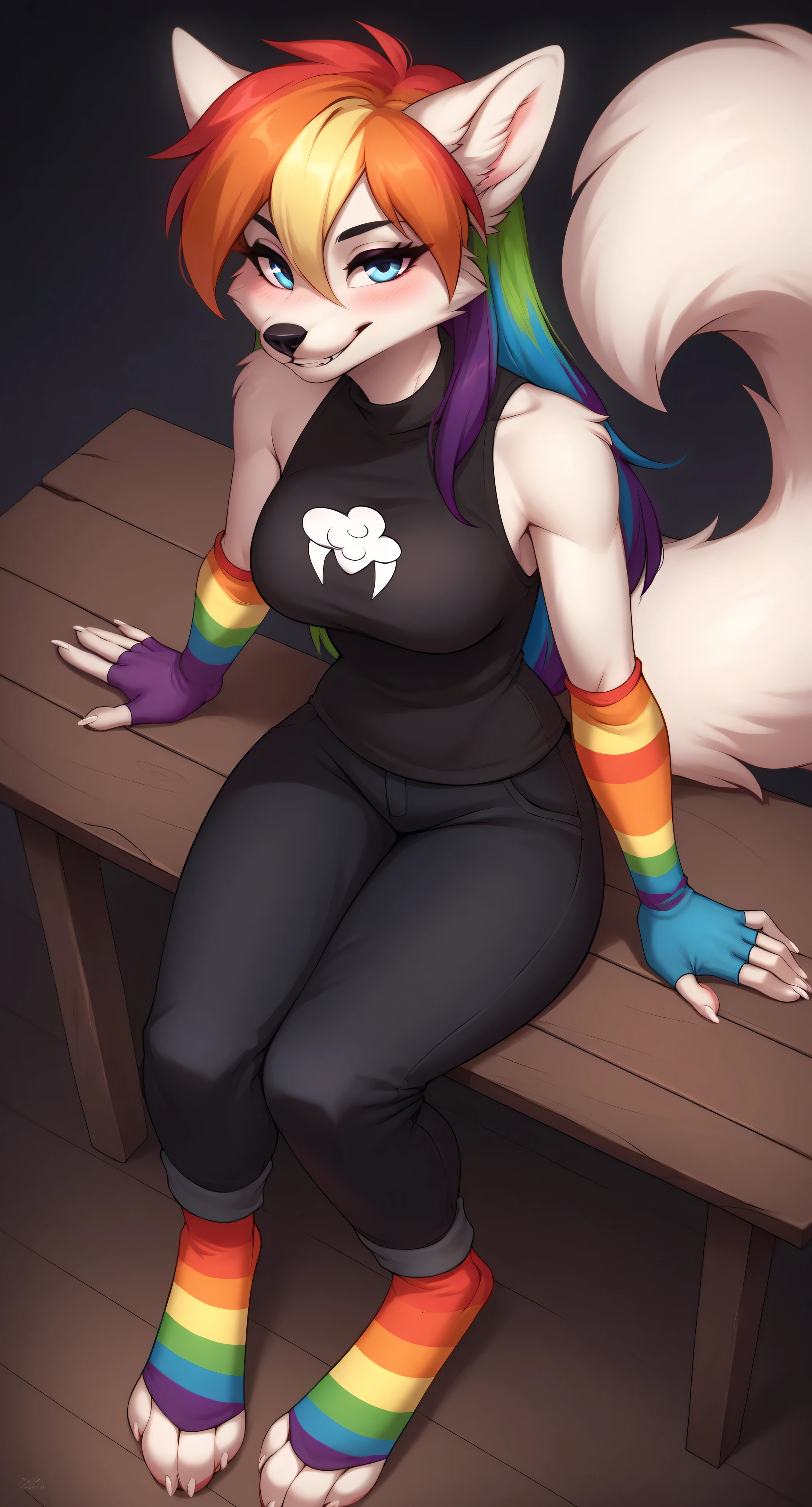 (4K HD Quality), score_9_up, score_8_up, score_6_up, anthro, solo, 1girl, furry, white fox, (white body), (white fur), (rainbow hair color), long thick hair, blue eyes, black nose, white fox tail, medium large breasts, white claw,
((glowing rainbow gloves), (rainbow long gloves), (fingerless gloves)),
((glowing rainbow socks), (rainbow long socks), (toeless socks)),
blush, perfect teeth smile, looking at view, full body view,
sitting, black shirt, long black pants, view from above, simple dark background,
