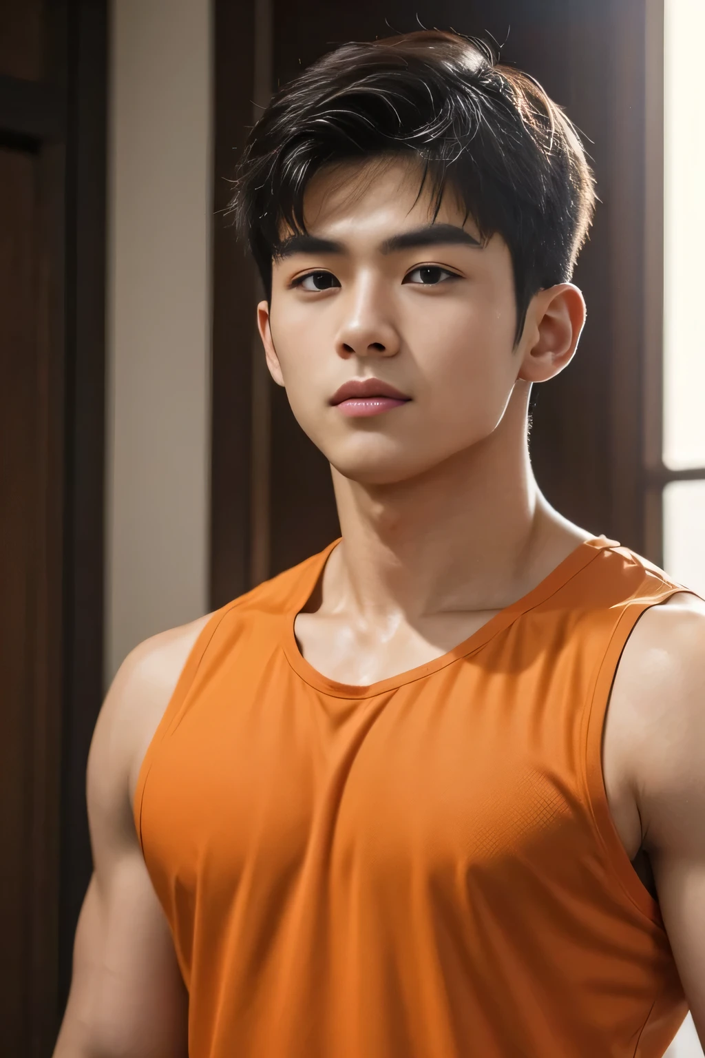 18-year-old male、 Japanese、handsome、 macho、 athlete、Short Hair、facing the front、orange clothes