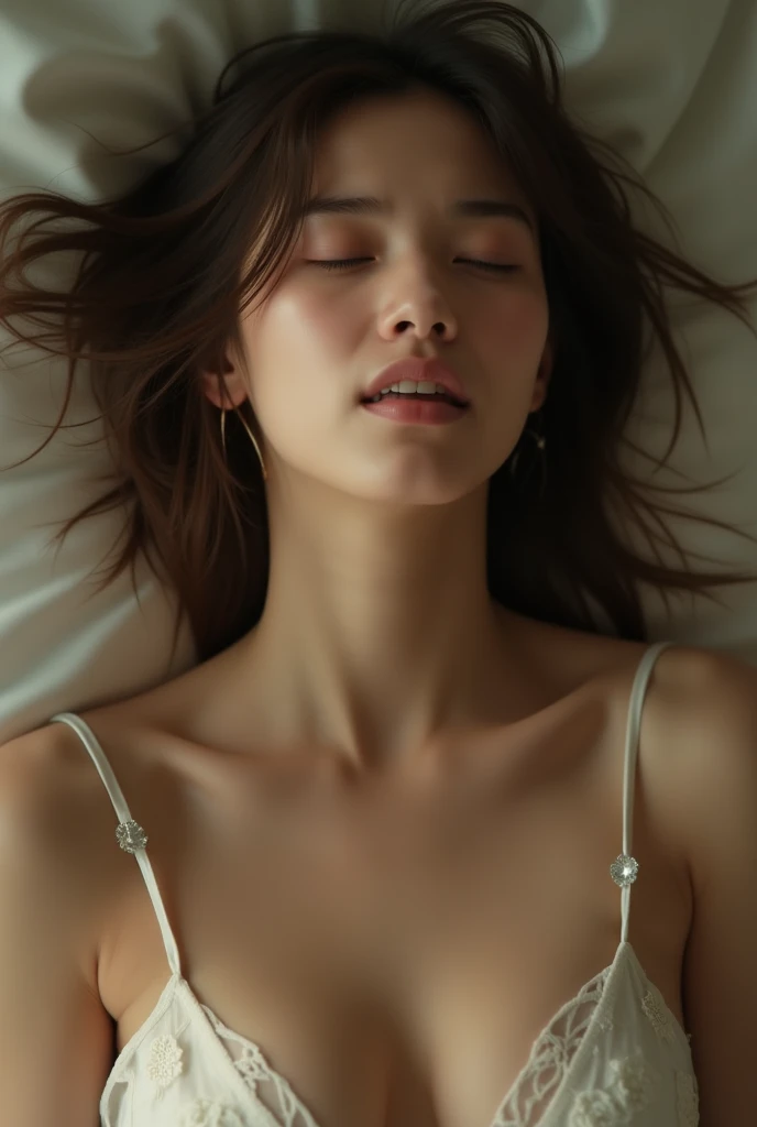 (naked), closeup portrait of woman lying on bed naked, Japan model, young gravure idol, young cute gravure idol, realistic young gravure idol, realistic gravure idol, young gravure idol, sophisticated gravure idol, young skinny gravure idol, beautiful asian girl, full body, Lying figure, sleeping, kissing face, big, closed eyelidpression, half-open mouth, flushed skin, heavy breathing, sweaty, showing armpits