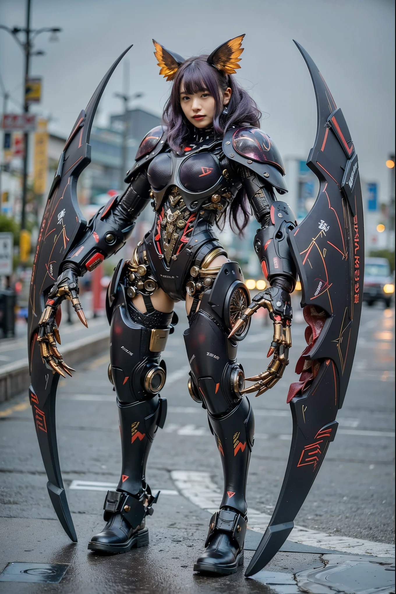 (Completely live action:1.37), (ultimate realistic textures:1.37), (masterpiece, best quality:1.2), (8k uhd, 16k, 32k, ultra high res), ultimate realistic skin, ultimate realistic photo, superrealism, (photorealistic:1.37), (RAW photo), extremely realistic, (ultimate realistic all details), (ultimate realistic all textures), ultimate realistic lighting, ultimate realistic shadow, (japanese girl:1.5), ((young face)), smiling, happy, ultimate realistic face, ultimate realistic skin, ultimate realistic eyes, ultimate realistic background, ultimate realistic detail up, kkw-ph1, ((ultimate intricate details, mechanical armor, glossy texture, metallic texture, light purple hair))