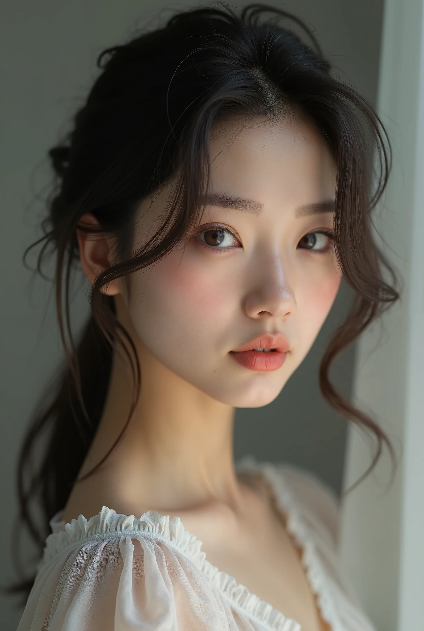 A close up of a woman with a white dress and a white background - SeaArt AI