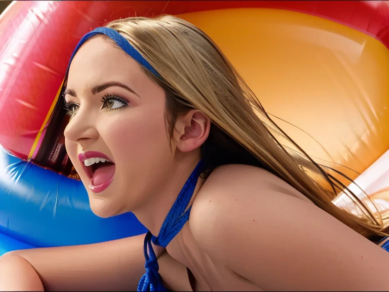 Portrait of Britney Spears, blonde hair, wet, sweating, looking up off camera, showing tongue, kneeling on the floor, arms in front of body, large breasts, wearing laxex full body, POV from below.