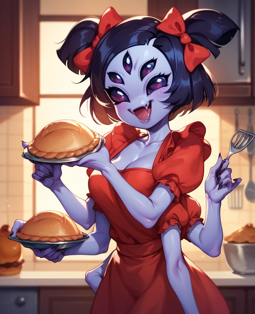 tmasterpiece, beste-Qualit, Beautiful and detailed portrait of the coupling, (Muffet), monstergirl, ((Purple body: 1.3)), humanoid, spidery, anthro, ((fangs)), pigtails, hair bows, 5 eyes, Spidergirl, 6 arms, 独奏, ssmile, naked ass, opened mouth, Amazing and detailed background, Holding Kettle, Holding the cup, 6 arms, Detailed hands, ((web: 1.4)), showcase, which sells pastries and tea, bloomers, naked body, inside, Pouring into a cup, full body wide angle, female genitalia