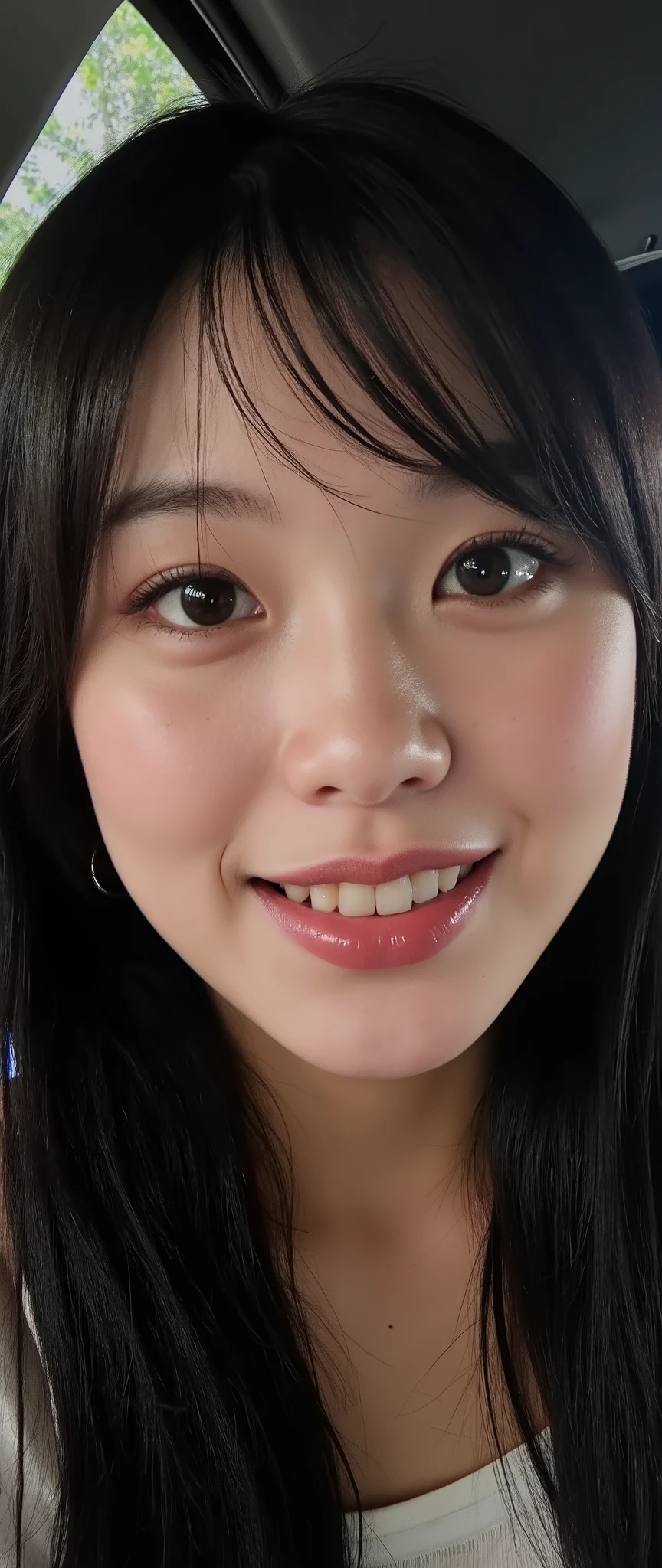 (vivid smile:2.5), (natural lip curvature:2.2), (subtle cheek lift:2.3), (laughing eyes:2.3), (dimpled cheeks:2.0), (realistic shading on lips and cheeks:2.2), (ultra-detailed skin texture:2.3), (soft skin highlights:2.0), (moist lips reflection:2.1), (wrinkles near eyes when smiling:2.4), (warm and inviting smile:2.5), (soft ambient light on face:2.3), (playful smirk with slight head tilt:2.2), (subtle blush on cheeks:2.1)
, 1 girl , Selfie, from side, pele morena:0.5 camera distante, foto tirada por uma Canon A490 (A495) , Korean, smile1.0, dentes alinhado, thin , squashed eyes, big eyes, fringe separated on the right side , youthful appearance , black hair , details eyes , iluminação media, Iris , smile, round face, youthful appearance , sitting on the edge of the , vintage aesthetic , cute face, full lips, long hair, volumoSo hair, luz media , luz Environment, agenda :night , reflexo no Environment, Environment focado, looking for , Environment:sentada no banco do carro, dentro do carro,