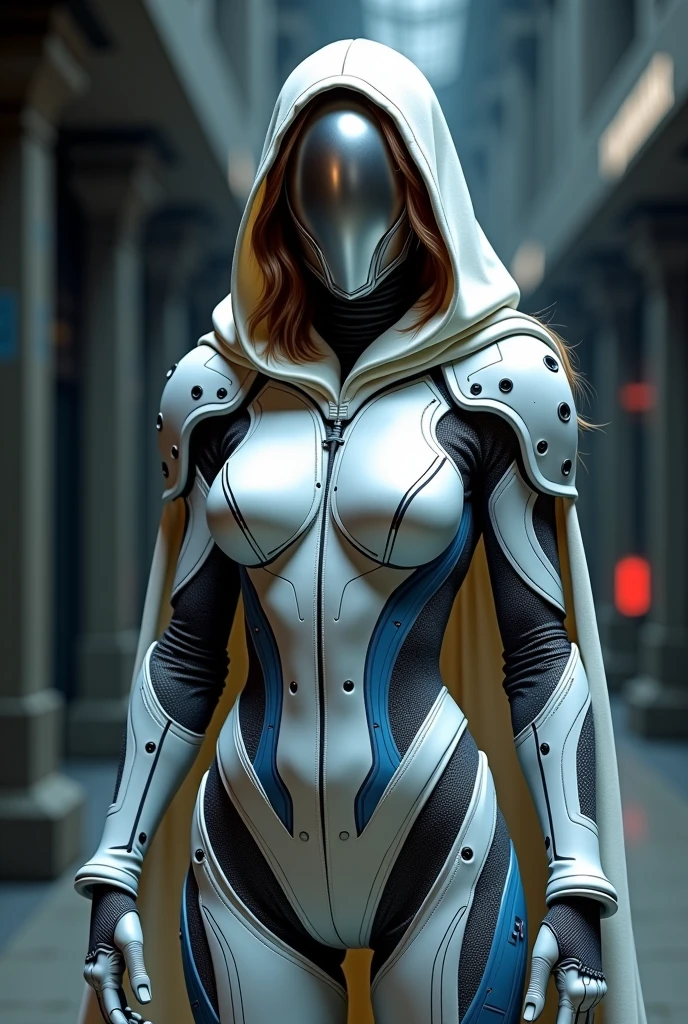 Full body. An ultra hot gorgeous European woman covered in loose clothing. White cotton veils. Large breast. ((Her face is hidden behind a futuristic helmet )).A sci-fi image. In an aseptic futuristic setting.