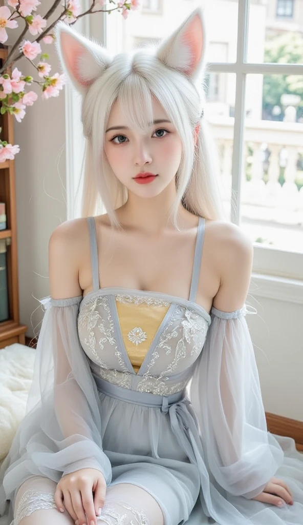 (Picture above),Dynamic angle,very detailed, shape, straight, woman 1 คน, (Fantasy:1.4), (light blue eyes:1.233),Her eyes shone like dreamlike stars,(glowing eyes:1.233),(Beautiful and delicate eyes:1.1),(silver hair:1.14),(messy hair,My hair is very long.,french braid,hair between the eyes,side lock), (+(flower:1.14)),(Chiffon dress,青いflower柄)/=(uniform:1.24),(Don&#39;t use an armband.,wide arms),(glove),necklace,(Miconi high socks),high-heels,(Embarrassing),(stubborn), (Located in the old white palace.、Classic princess bedroom with dressing table and French window.),(白いflower,in full bloom),(blue blunt world tree:1.14),(what&#39;Left behind),(nighttime:1.2),dreamlike,spirit,(glow), [[Thin fingers and hands:0.55]::0.85],(finger details),(Soup packets:0.5)、beret hat、woman、18 years old、big breasts, Highest quality, Awesome details, beautiful light, Beautiful view, There are slight hot flashes., smile, ((Masterpiece)), (anime:1.5), ((Highest quality)), (raw photos: 1.2), (professional photography:1.2), whole body, 8K, from the side, wide angle shot,