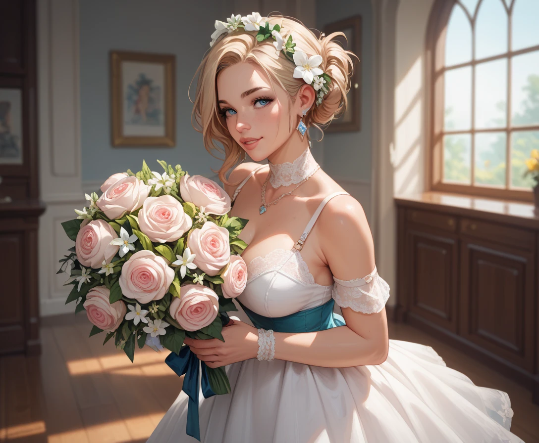 animated spy girl. She's extremely beautif ul, with blue eyes. Her left eye is purple. she h as blonde ponytail hair, she's wears a short we dding dress, and has a crown vail, dressed as a bride, and her eyes are stained with dry makeu p mascara tears. Shes holding flowers. full body
