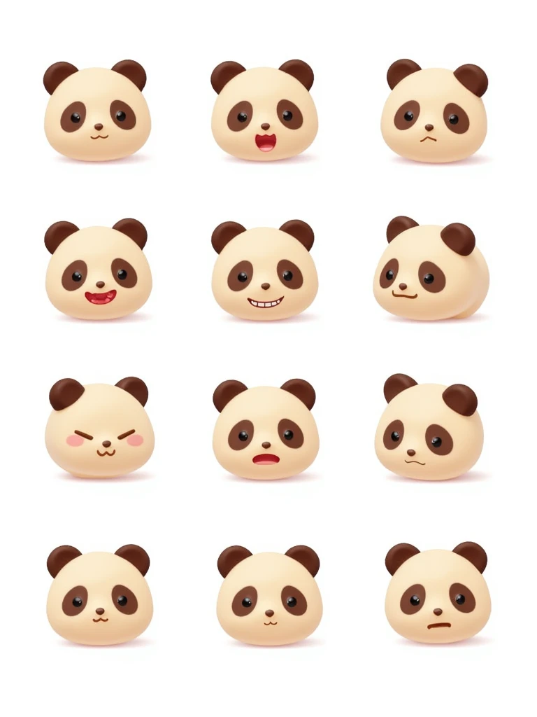 (emoji expression sheet:1.5), a cute giant panda, different expressions, exaggerated different postures, high-quality character design, cartoon concept art, 2D, (white background: 1.5), simple background,