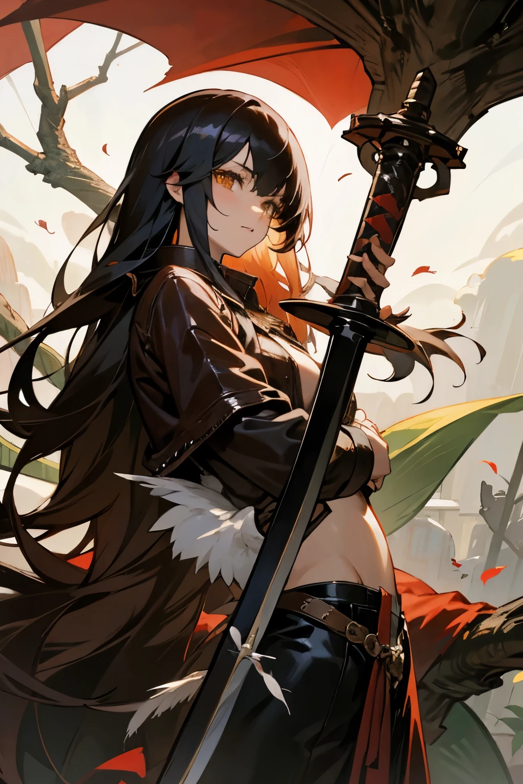 Emo Chen , rose bush , dragon ,heart,Feather,wing,[branch, A long-haired girl with a sword in her hand is half-naked and wearing a leather jacket , Man's Face Behind
