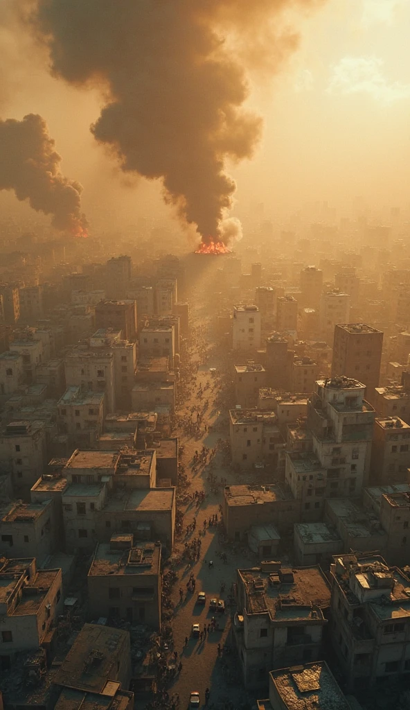 smoke billows from a building in the middle of a city, by joseph binder, an ancient city on fire, the buildings are on fire, burning city in background, by Emanuel Witz, destroyed city on fire, Gaza strip under rocket attack, powerful explosions, buildings on fire, mixed media, explosions in background, large explosions, by Steven Belledin, world press photo awarded, midnight