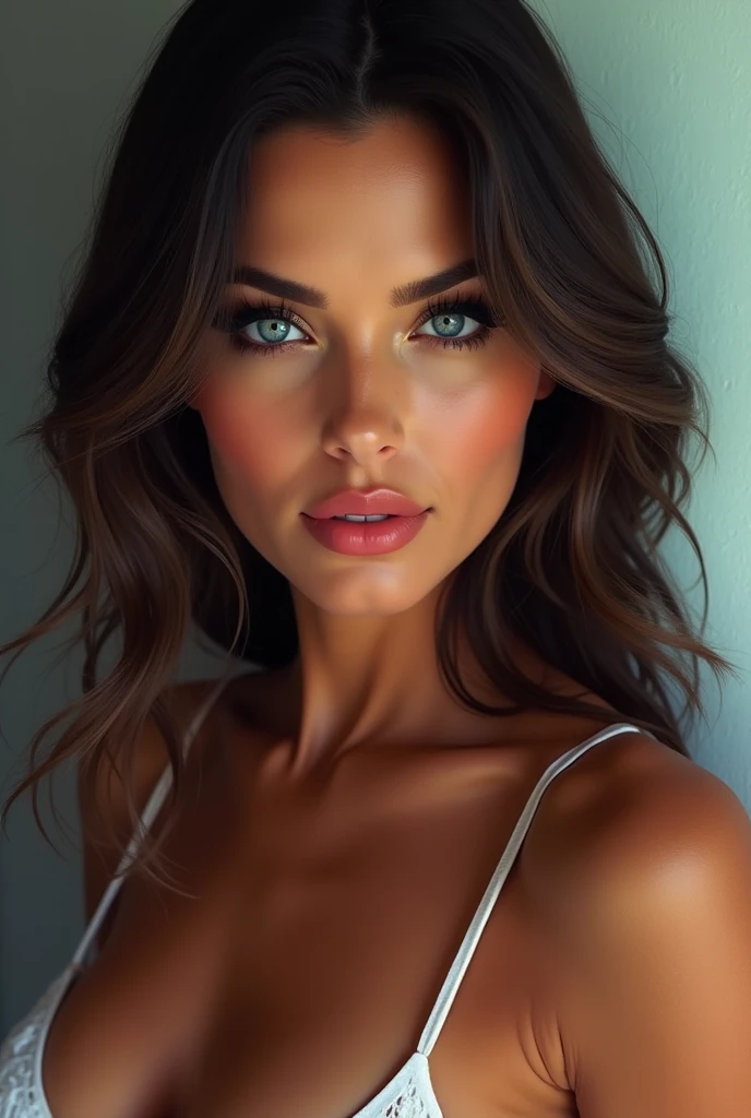 Brunette woman with sexy blonde highlights in a red dress that looks like sophie mudd realistic