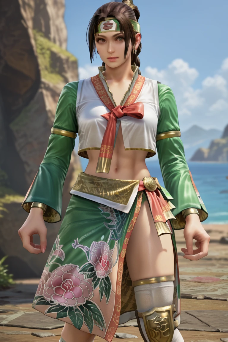 extremely beautiful hancock1, boa hancock, subtle makeup, golden hour, photorealistic, high contrast, 8k HD, detailed, hyper-detailed, realistic skin texture, long hair, crop top, side slit, long sleeves, large breast, best quality, ultra high res, raw photo, dramatic lighting, unreal engine, diffuse glow, dynamic pose, outdoor, realistic detailed wooden floor, treasure chest, gold, gold coins, gold bars.