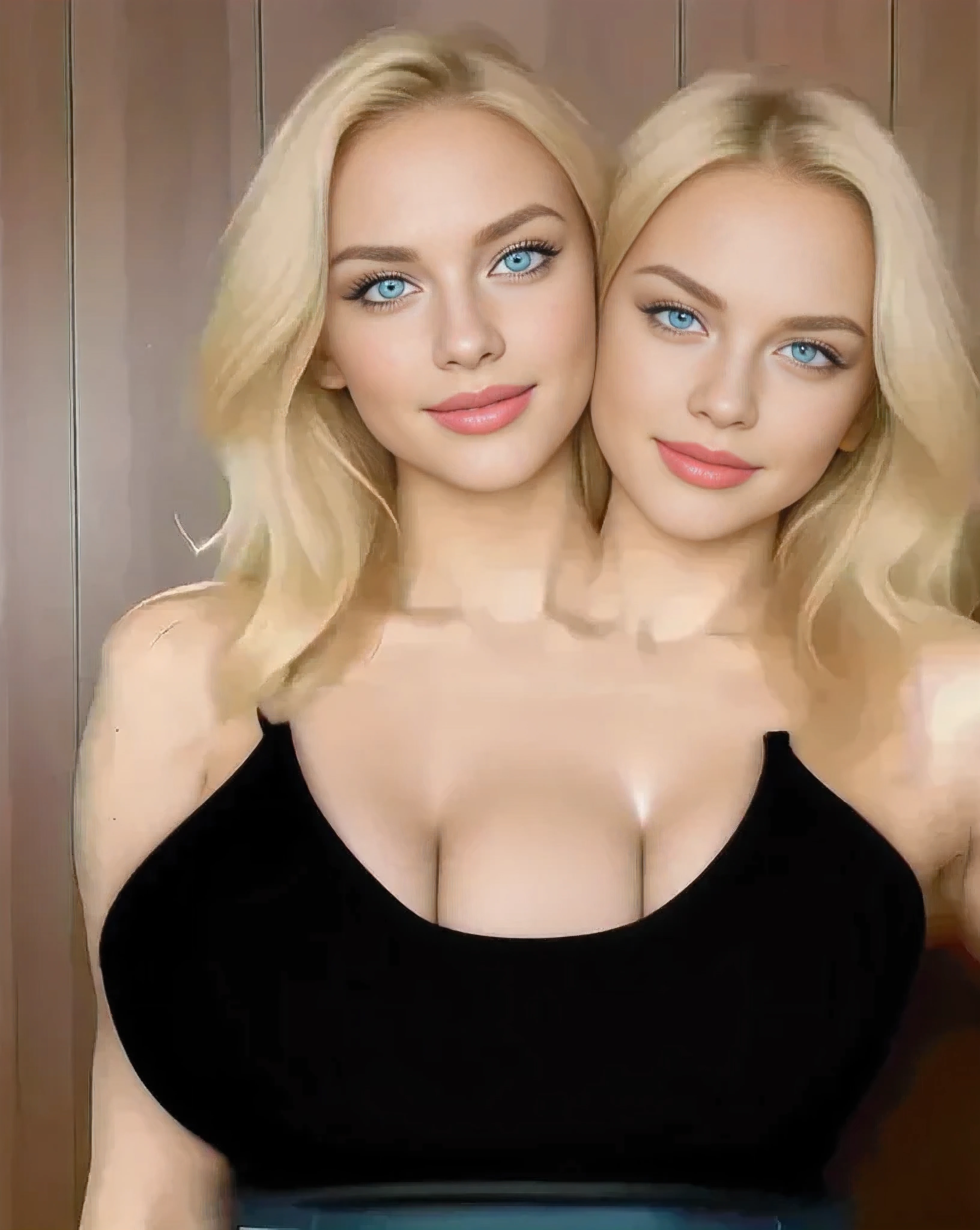 three women posing for a picture, hyper realistic sexy fantasy, voluptuous and arousing, large breasts, voluminous blonde hair, blue eyes, perfect symmetry, pale colors, stream, skintight suits, not cropped, hires, 2019 trending photo, overflowing, photo realistic, 8k, vibrant colors
