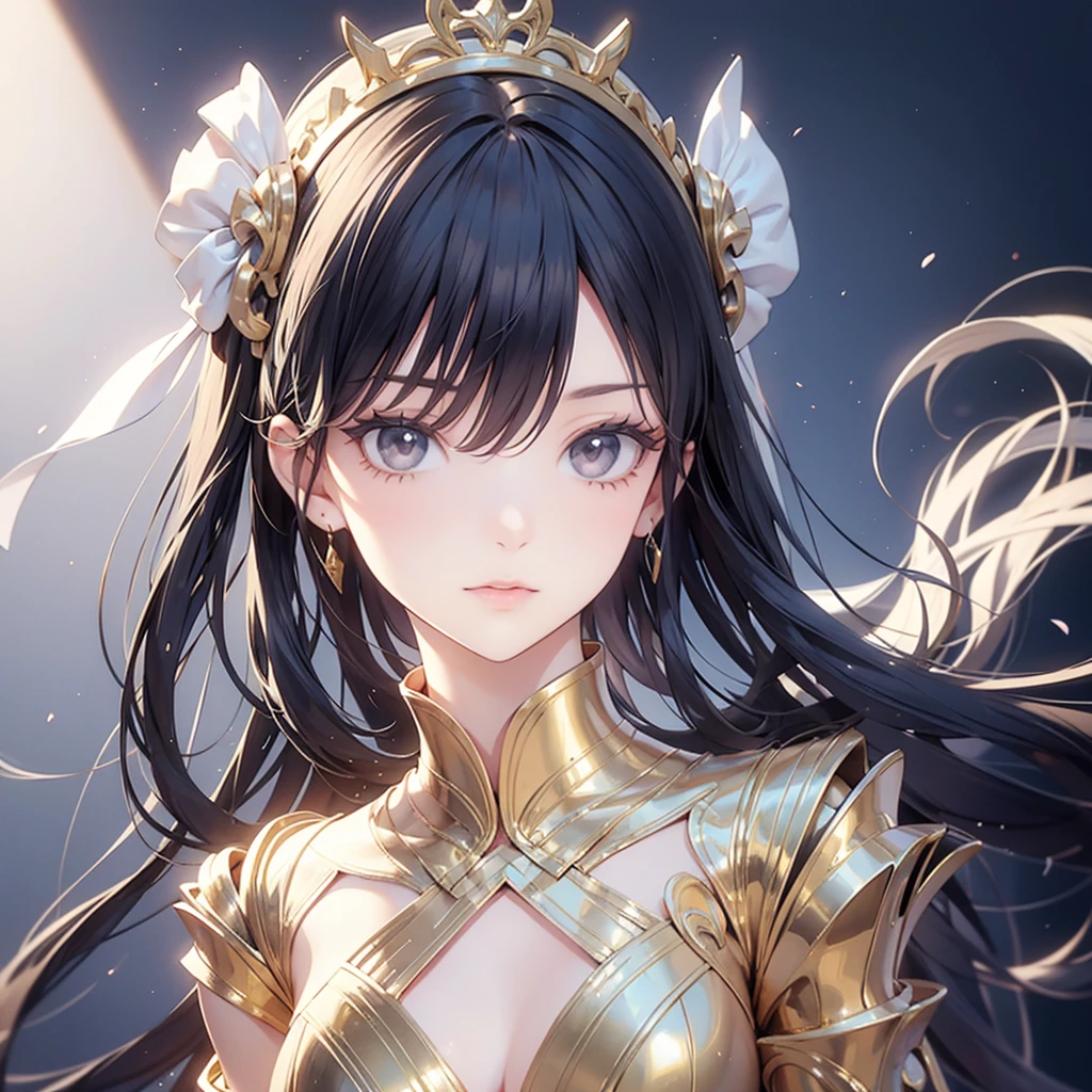 1 Girl, random background, black hair colour, Golden and black dress, ultra quality, beautiful eyes, perfect body, high quality, cute medium breast, sexy face, perfect breast,